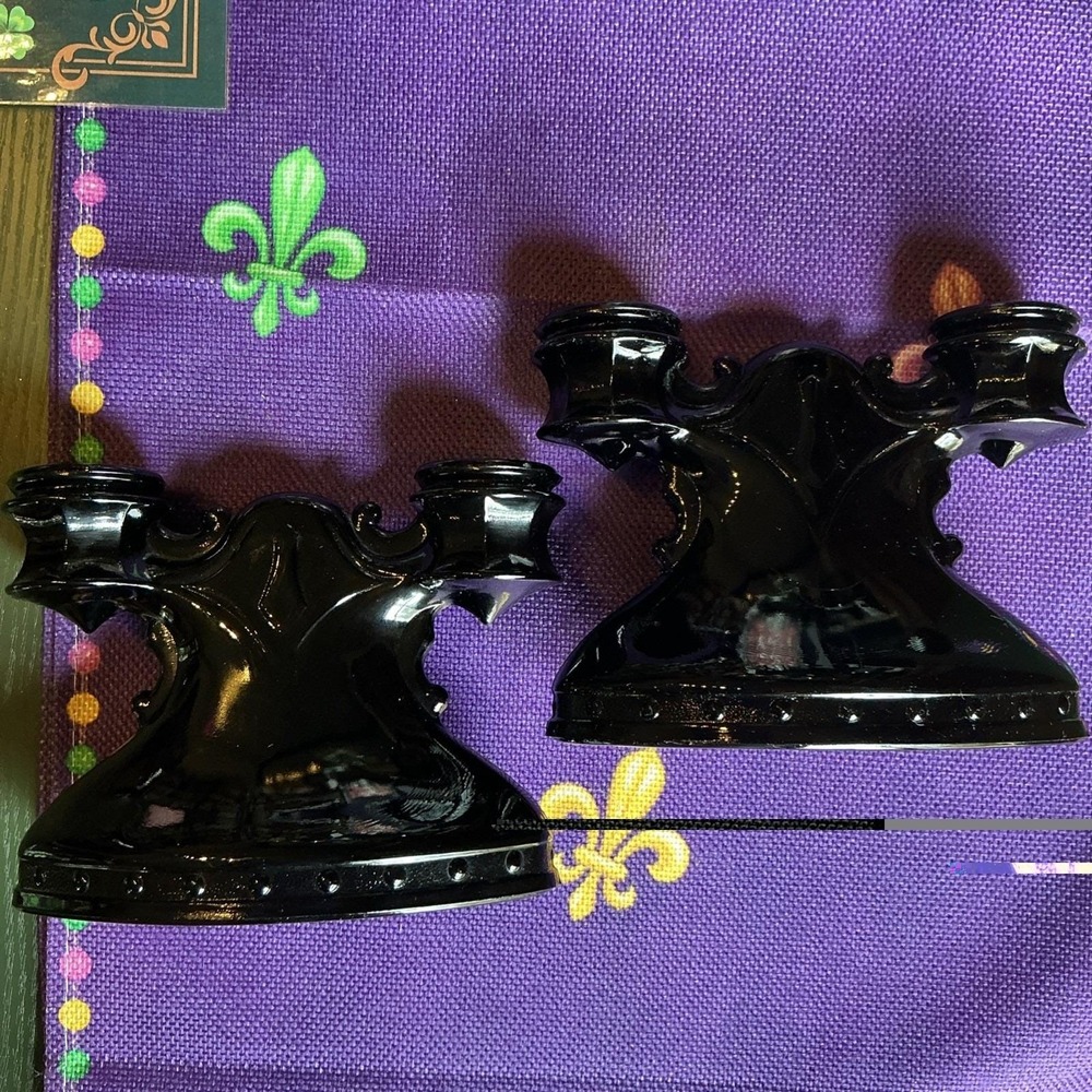 Pair Of L. E. Smith Glass Mt. Pleasant Black Amethyst Double Candlestick Holders
